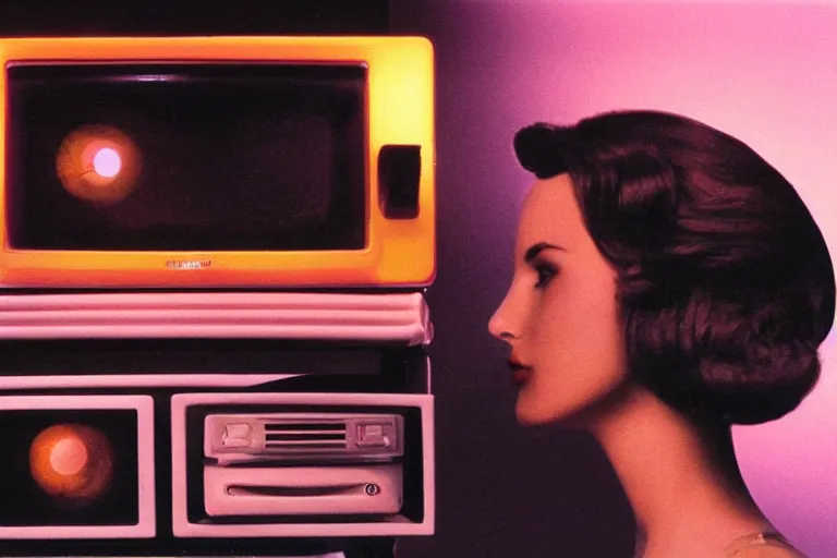 Prompt: beautiful woman robot sticking her head inside of a toy oven, from 1985, bathed in the glow of a crt television, crt screens in background, low-light photograph, in style of jack bridgeland