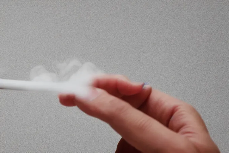 Image similar to Close-up of thin soft hand holding cigarette with smoke, hyper realistic, high details, photo, super resolution