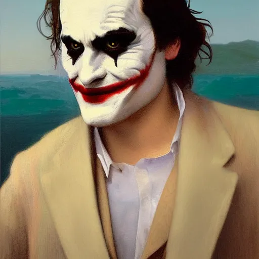 Prompt: Painting of Joaquin Phoenix as the Joker. Art by william adolphe bouguereau. During golden hour. Extremely detailed. Beautiful. 4K. Award winning.