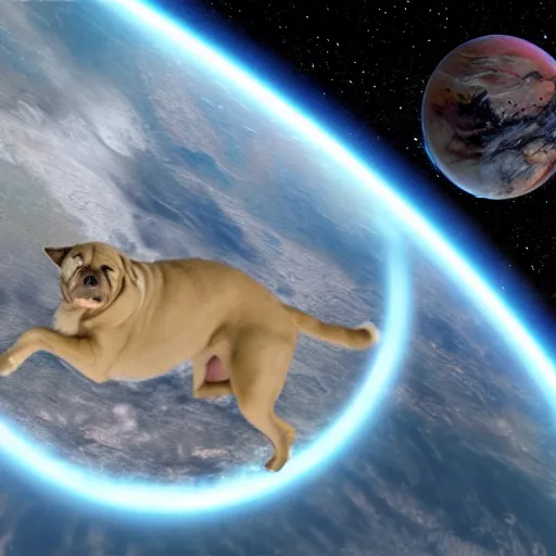 Image similar to a photo of a planet in the shape of a dog in space, realistic