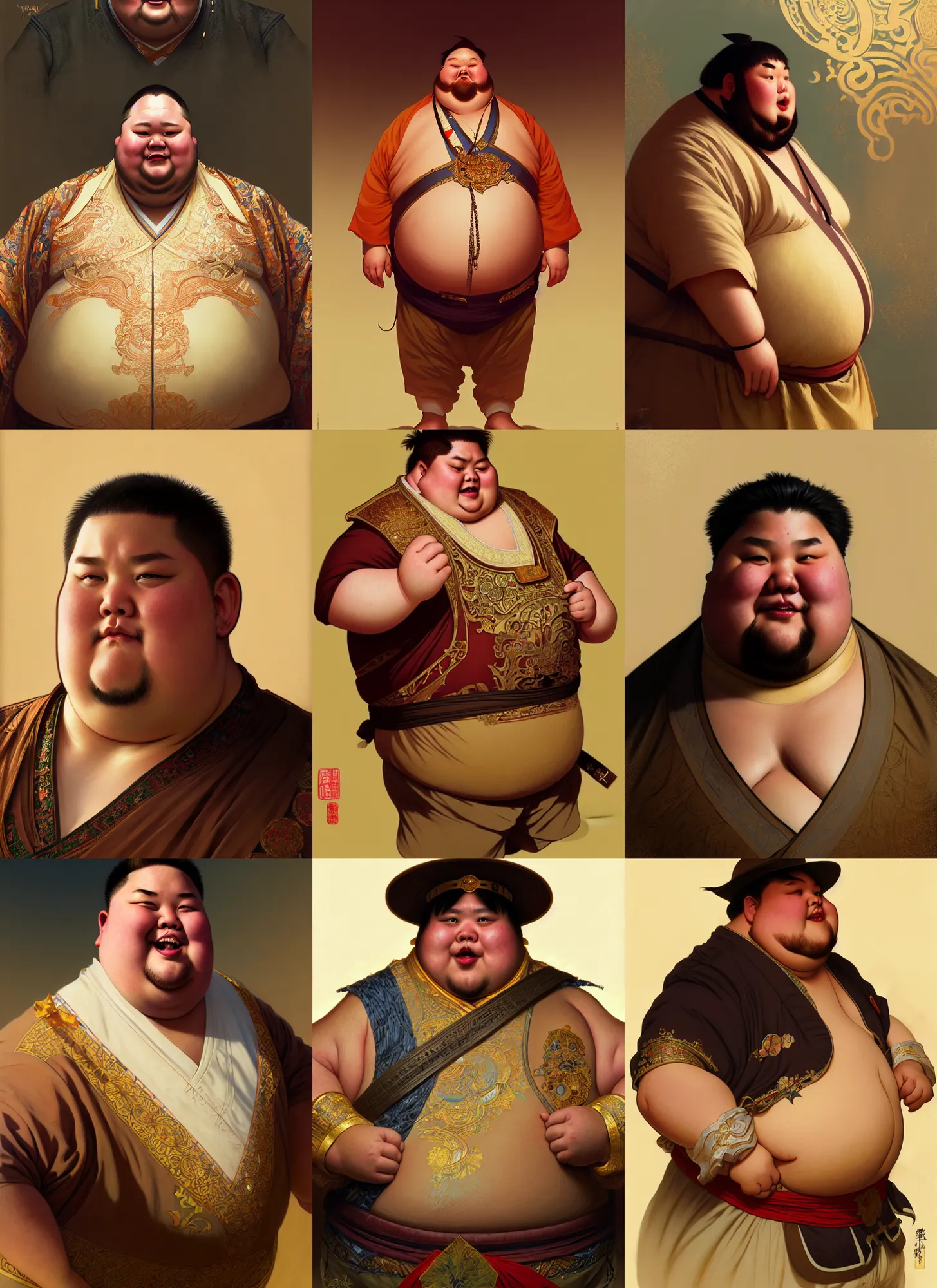 Prompt: Portrait of very fat dude in Zenitsu Agatsuma costume, intricate, highly detailed, digital painting, artstation, concept art, illustration, 4k, art by Yintion J and Jiang Geping and artgerm and greg rutkowski and alphonse mucha