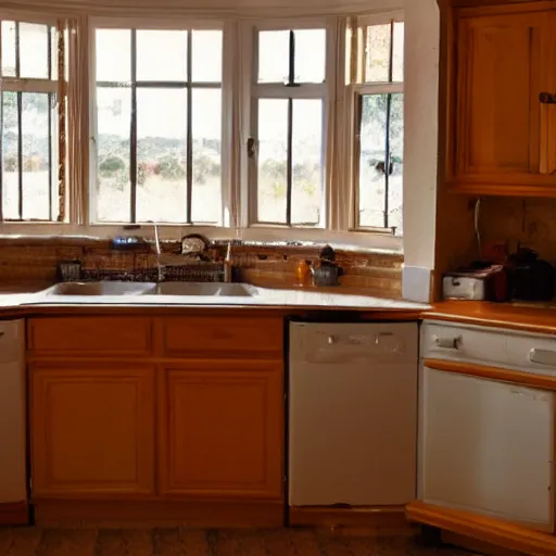 Image similar to kitchen, with cabinets in background, sunrise, large round window,