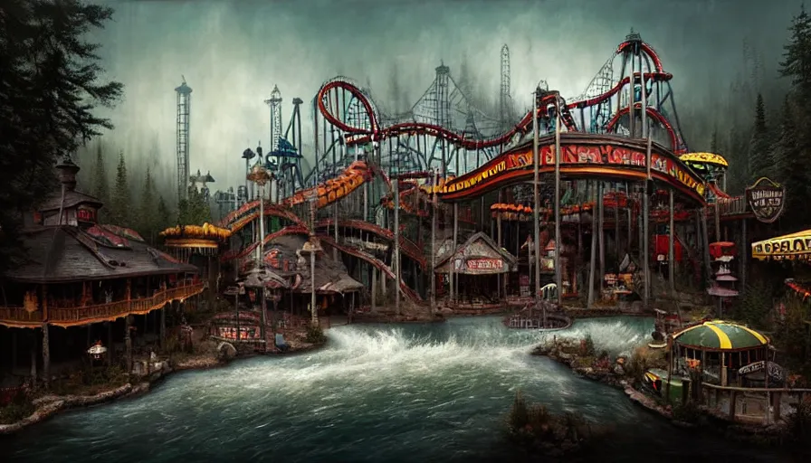 Prompt: michal karcz grunge painting of an amusement park, monster and horror theme. Monster-themed Grizzly River Run, detailed, elegant, intricate, 4k,