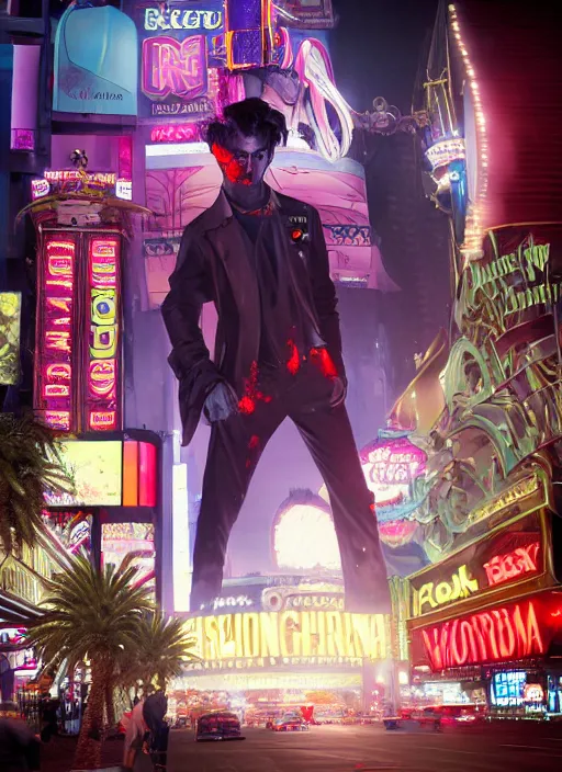 Image similar to 35mm kodak portra photograph of a shadowrun vampire on the Las Vegas strip at night by tomer hanuka and tom bagshaw, handsome face, blood, urban fantasy, hyper realism, high detail, octane render, 8k, trending on artstation, CGsociety, concept art