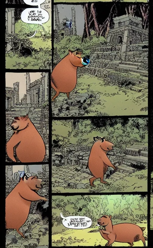 Image similar to an animated capybara exploring some mayan ruins, comic by david finch and frank miller, detailed shading