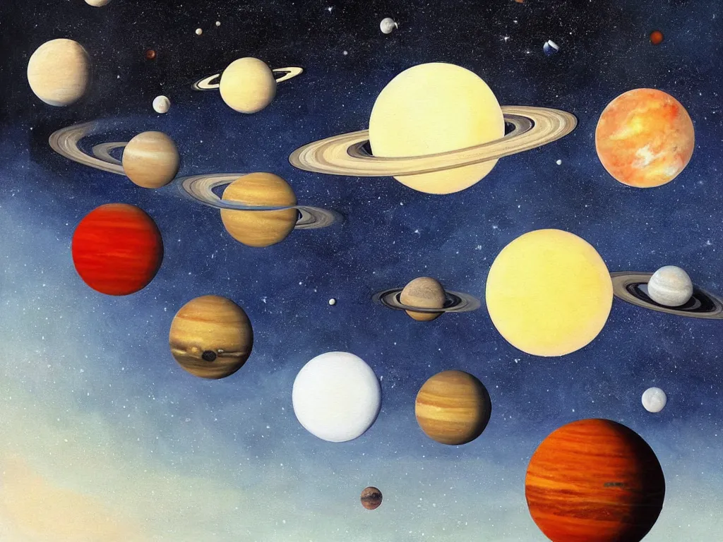 Prompt: A beautiful painting of five planets by Gioele Muscolino and, There are only five planets that are black, white, yellow, red, and blue, behind the galaxy and the universe, Trending on artstation, starry sky