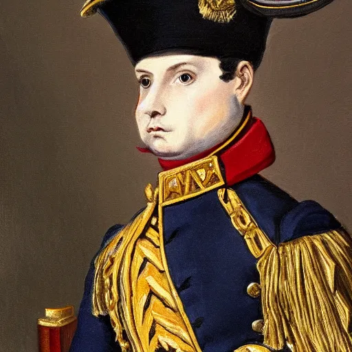 Image similar to A painting of a rabbit wearing a napoleon-era officer's uniform