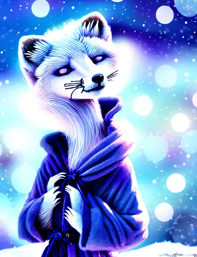 Image similar to a cute anthropomorphic arctic fox girl anthro wearing indigo ribbons and a fluffy robe, winter park background, intricate details, aesthetically complementary colors, scenic background, real life fursona photography. trending on artstation, top rated on pixiv and furaffinity