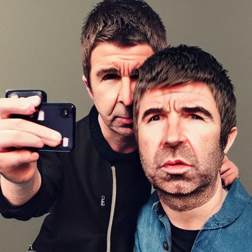 Prompt: LIam and Noel Gallagher taking a selfie together in 2022, real life, hyperrealistic, ultra realistic, realistic, highly detailed, epic, HD quality, 8k resolution, body and headshot, Trending on Artstation, very realistic