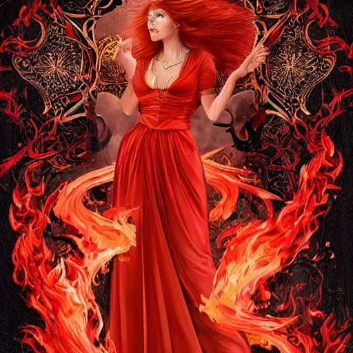 Image similar to Redhead Fire Priestess, wild hair, in a beautiful flowing red dress surrounded by flames, clothes, intricate hellish decoration on the dress, on the background of an ancient cathedral, Designer clothes, vouge photo, fashion style, fullbody, in full growth, intricate, elegant, highly detailed, artstation, concept art, smooth, sharp focus, illustration, art by greg rutkowski and orientalism and bouguereau and Zdzislaw Beksinski, good clear quality, lighting, biology, symmetrical artwork, perfect face, 135 mm, cinematic, hyper realism, high detail, octane render, 8k, chrome accents