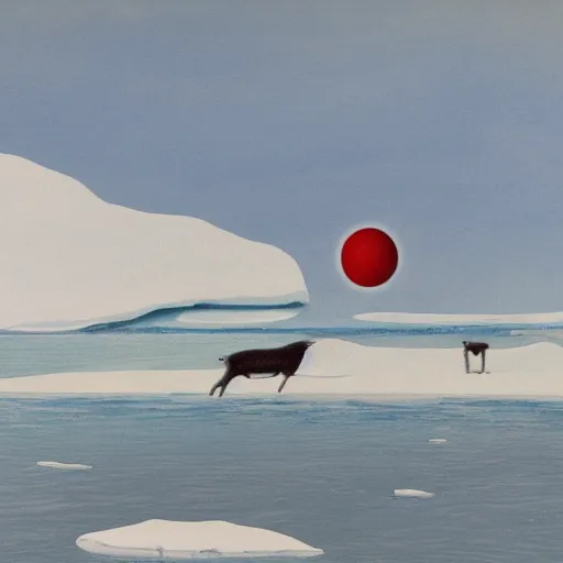 Image similar to cartoon drawing of a seal tossing a red ball with a sheep in antarctica. the seal's head is sticking out above the water and the sheep is standing near the edge of ice