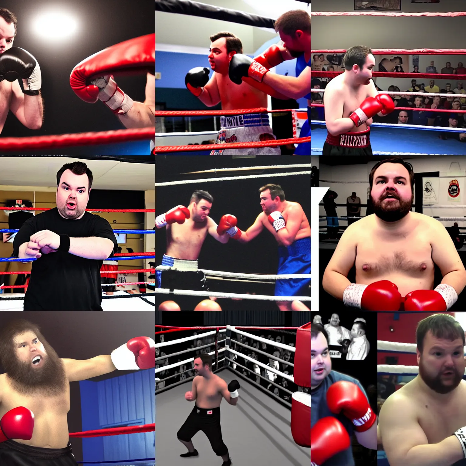 Prompt: YouTuber Rich Evans, fighting bigfoot in a boxing ring