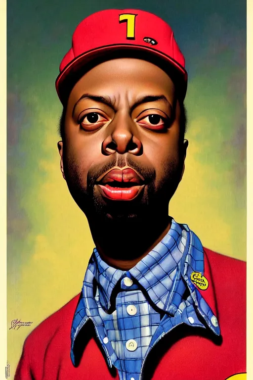 Image similar to j dilla portrait by gil elvgren and norman rockwell and rob gonsalves and hajime sorayama, hyperrealistic, high detail, ultra detailed, highly detailed face, ruffled fabric