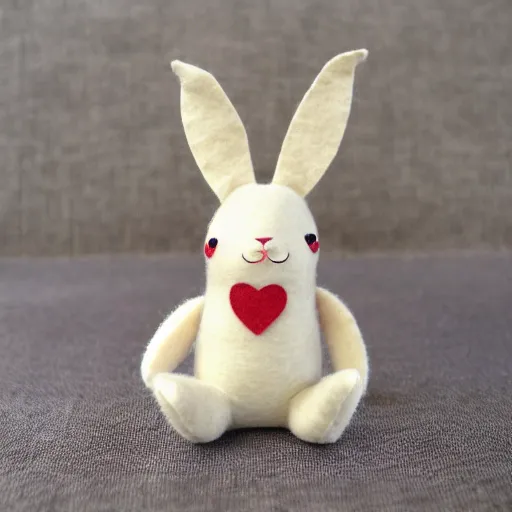 Image similar to a cute elegant felt plush doll of a rabbit wearing overalls