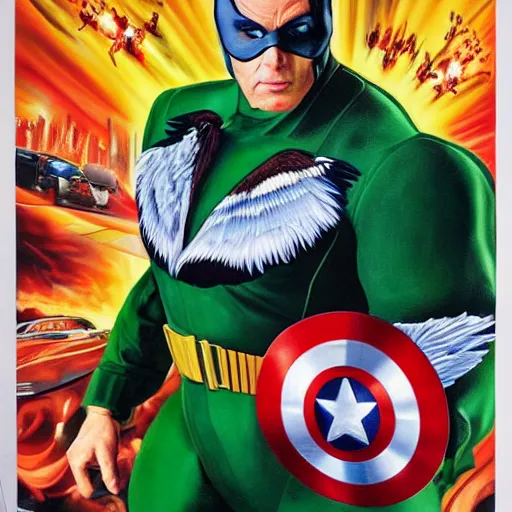 Prompt: action hero Michael Bay movie poster featuring Marvel Majestic Fat Pigeon in a extravagant full body green suit by Alex Ross, oil painting