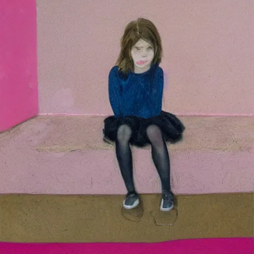 Image similar to sad young girl, sitting against pink wall, emotional, mixed media by francis bacon