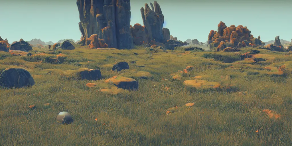 Prompt: 3d painted landscape with a single small brutalism monument in the center by james jean in no mans sky style, redshift, octane