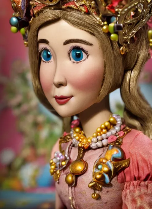 Image similar to closeup face profile portrait of tin toy felicity kendal as a fairytale princess wearing a crown eating cakes, bikini, depth of field, zeiss lens, detailed, symmetrical, centered, fashion photoshoot, by nicoletta ceccoli, mark ryden, lostfish, breathtaking, 8 k resolution, extremely detailed, beautiful, establishing shot, artistic, hyperrealistic, octane render