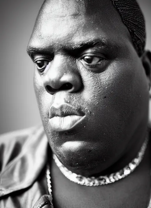 Image similar to DSLR photo portrait still of 50 year old age 50 Notorious BIG at age 50!!!, 85mm f1.8
