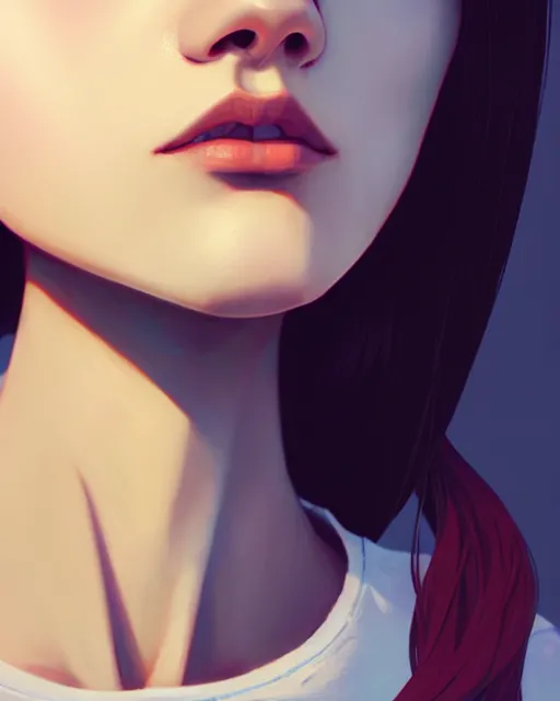 Image similar to full very close up neck shot of a beautiful skinny choir girl, in tshirt with sewing needle pointing at neck, by saruei and guweiz and ilya kuvshinov, digital art, highly detailed, intricate, sharp focus, trending on artstation hq, deviantart, pinterest, unreal engine 5, 4 k uhd image