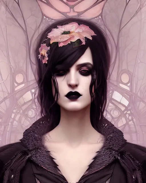 Image similar to beautiful digital painting of a stylish goth socialite forest with high detail, real life skin, freckles, 8 k, stunning detail, works by artgerm, greg rutkowski and alphonse mucha, unreal engine 5, 4 k uhd