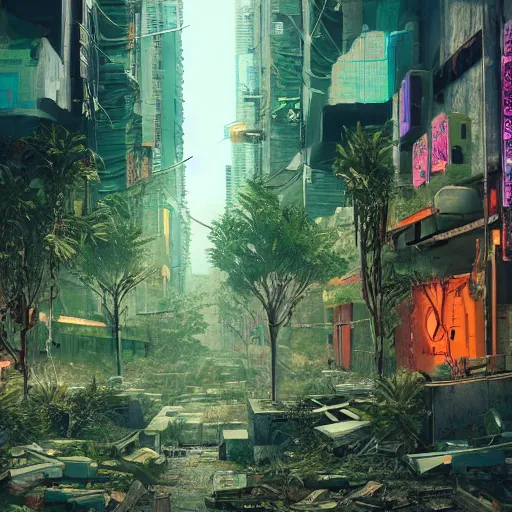 Prompt: cyberpunk city in ruin, overgrown, nature returning, lush vegetation and animals