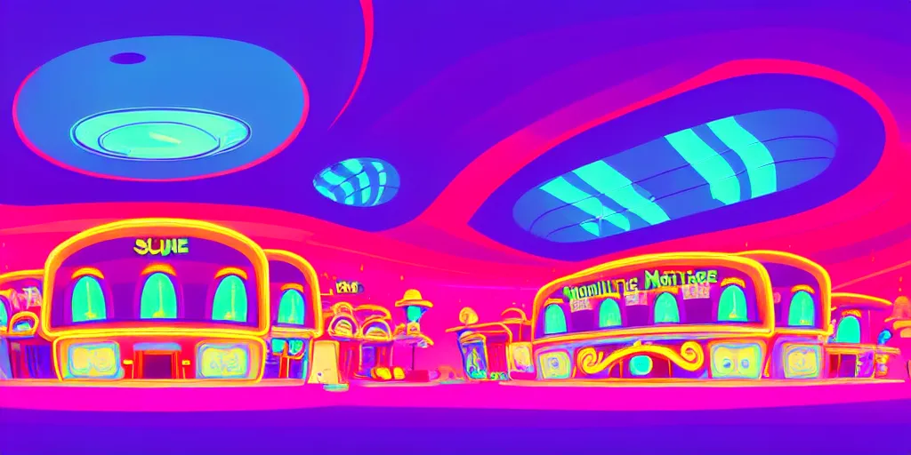 Image similar to minimalistic extreme wide angle curved perspective digital art of sss cotton candy indoor casino with a stage by anton fadeev from nightmare before christmas