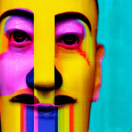 Prompt: a face emerging from narrow colorful vertical bars