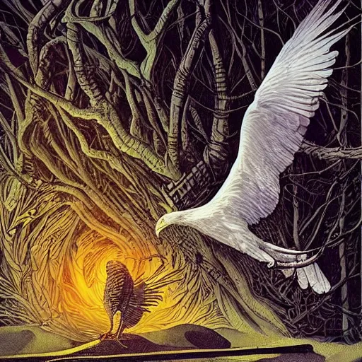 Image similar to white crow bringing rabbit leg to a occult witch by Android Jones and M. C. Escher collaboration, futurist, digital art, dramatic lighting