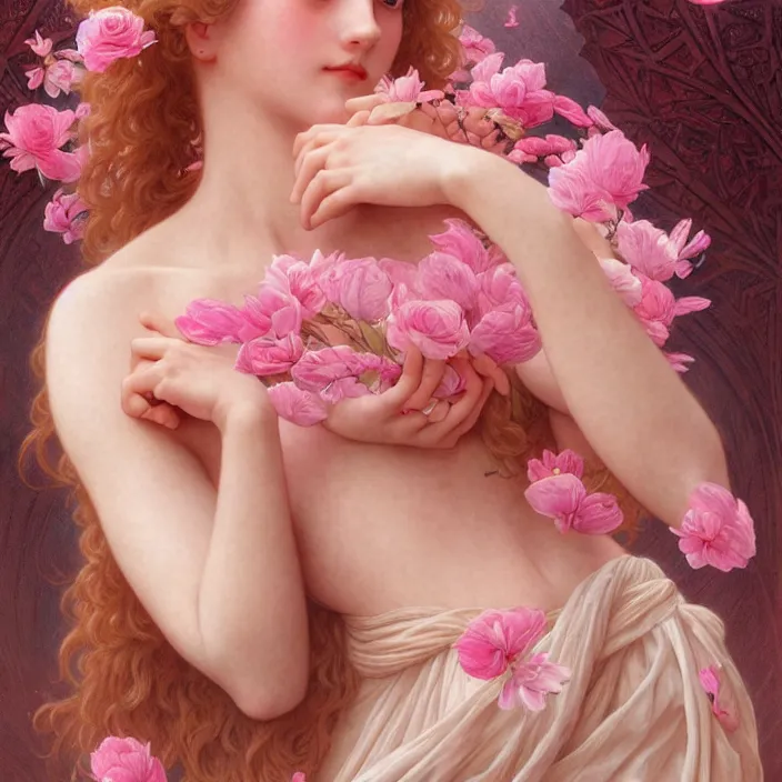 Prompt: a wonderful goddess with a realistic body made of pink petals, intricate, elegant, highly detailed, wonderful eyes, sweet, digital painting, artstation, concept art, smooth, sharp focus, illustration, art by artgerm and greg rutkowski and alphonse mucha and william - adolphe bouguereau