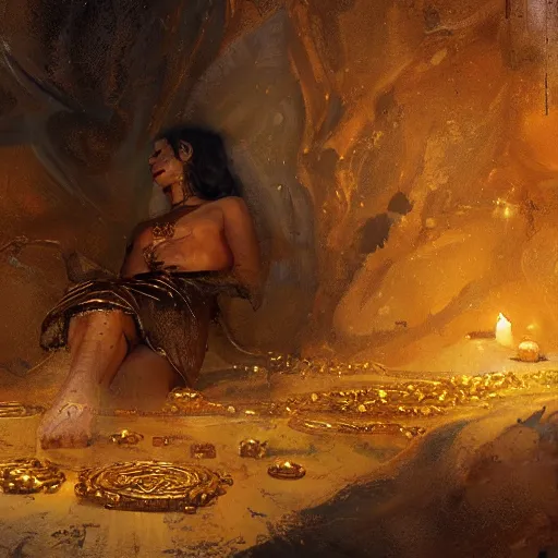 Image similar to djinn sleeping in a treasure chamber on piles of gold, oil painting, by greg rutkowski