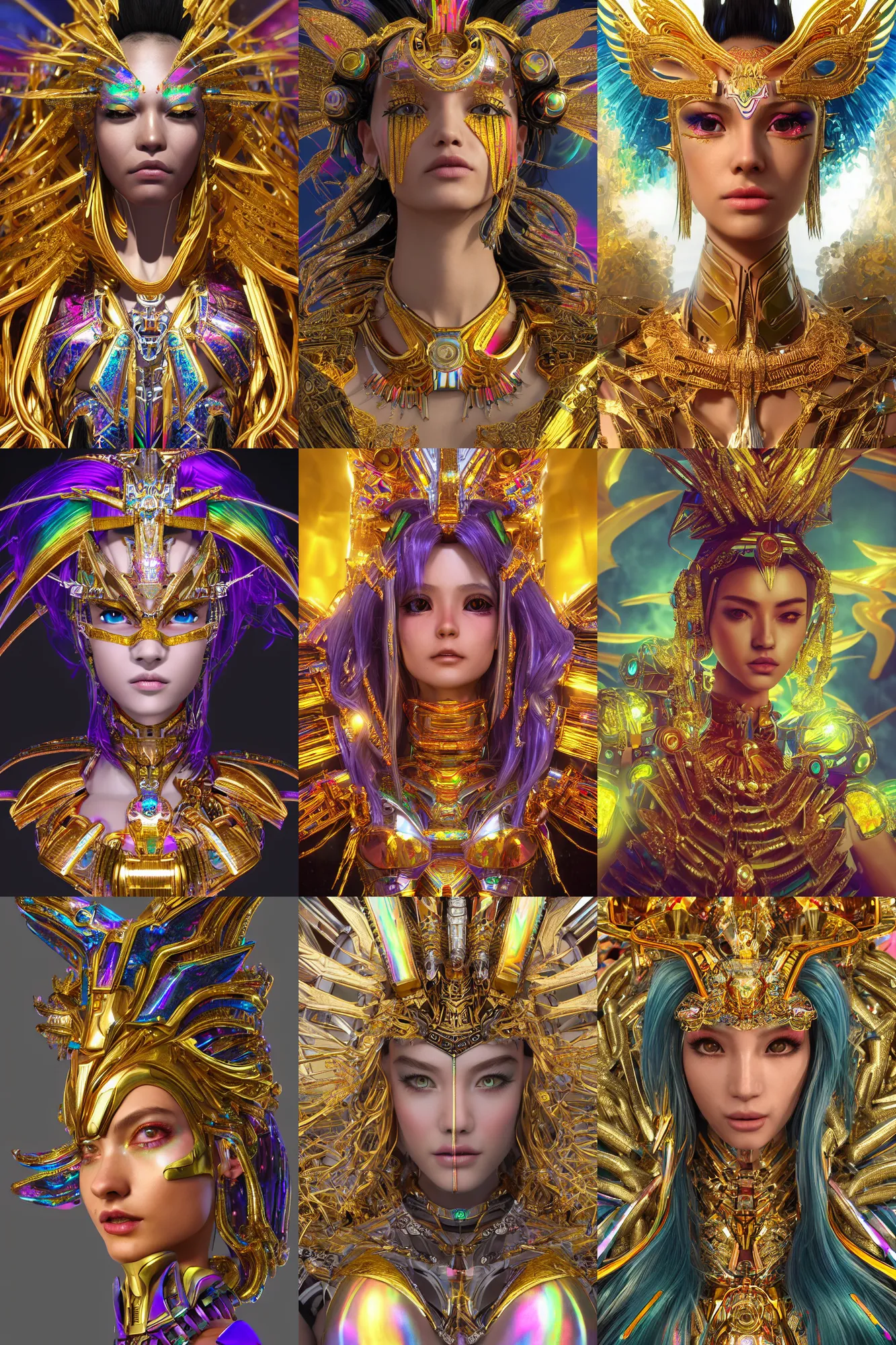 Prompt: angle profile portrait, hyperdetailed stunningly beautiful female aztec sungodess robot made of iridescent metals and shiny gems, ethereal rainbow nimbus, golden necklace, noble perfect inspired by ross tran and wlop and masamune shirow and kuvshinov, concept art, intricate, highly detailed, photorealistic, octane render, 8 k, huang guangjian