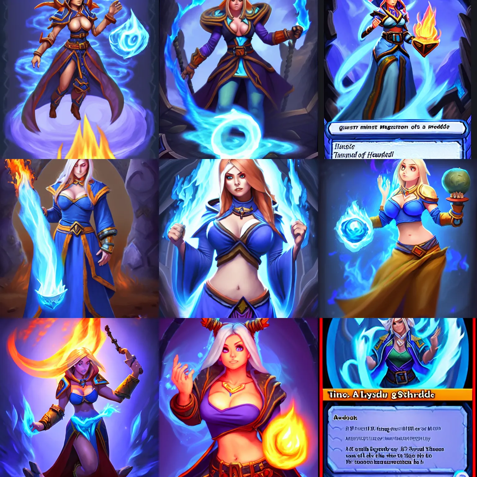 Prompt: Physical : tinyest midriff ever, largest haunches ever, fullest body, small head, SFW huge breasts; Who : a female mage with a blue robe casting a fire spell; Absolute guideline : Hearthstone official splash art, SFW, perfect master piece, award winning