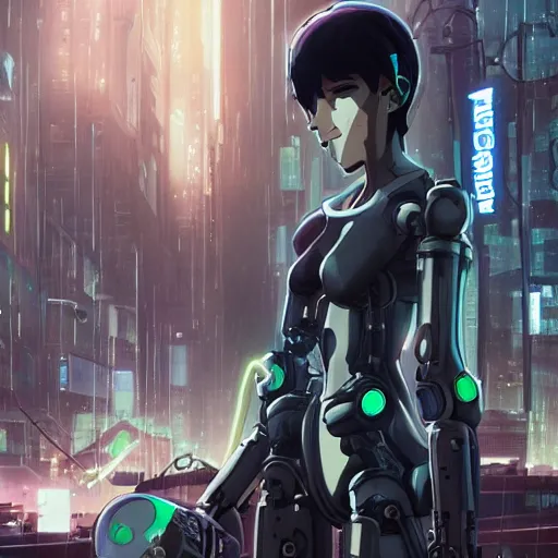 Image similar to mechanical android cyborg in crowded urban dystopia raining makoto shinkai