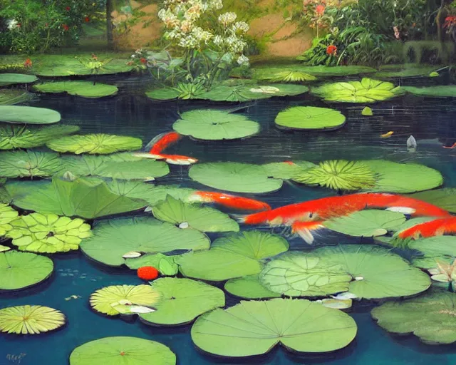 Prompt: koi pond, lotus flowers, dark blue water, green lily pads, goldfish, a fantasy painting by makoto shinkai and James Gurney, trending on artstation