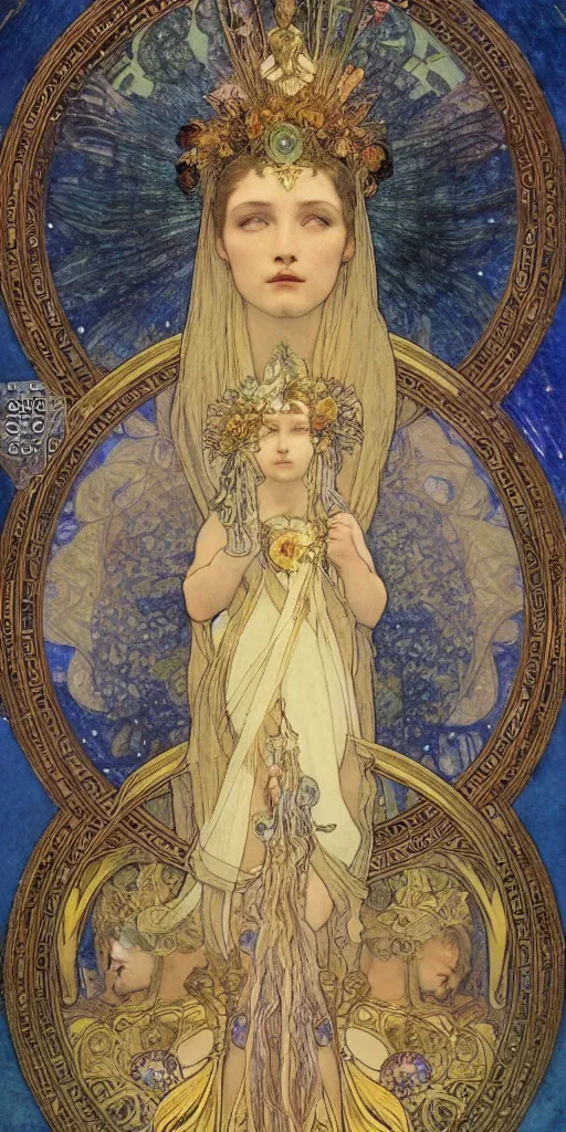 Prompt: saint woman, venus, athena, queen, by alphons mucha and annie swynnerton and jean delville, strong dramatic cinematic lighting, ornate headdress, flowing robes, spines, flowers, stars, lost civilizations, smooth, sharp focus, extremely detailed, blue marble, obsidian, gold, space