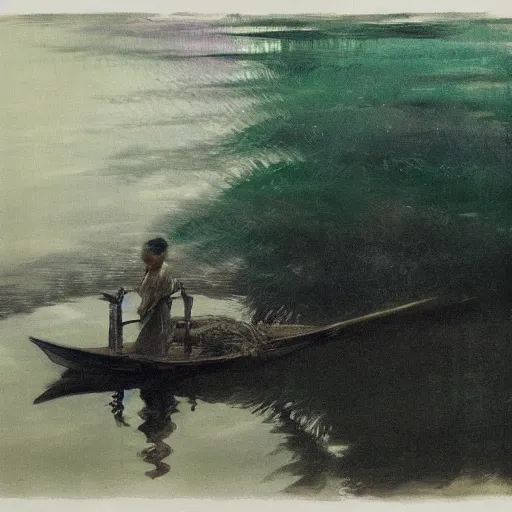 Image similar to spirited away by anders zorn placid, somber. a river scene. the river is represented by a line winding through the center of the kinetic sculpture. the banks of the river are represented by two lines, one on each side.