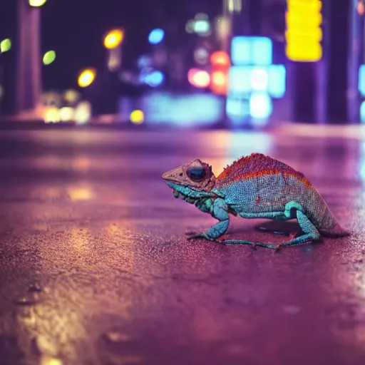 Image similar to a high quality low wide angle photo of a chameleon on the streets of a cyberpunk city, rainy, reflective ground, neon lights, realism, 8k