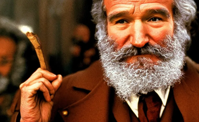 Image similar to Robin Williams as Karl Marx in 'Marx' (1994), movie still frame, oscar nominated cinematography, volumetric lighting, 8k resolution, beautiful composition