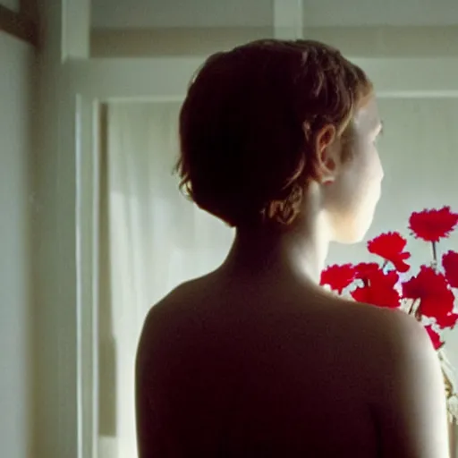 Image similar to movie still of the girl with the flowers instead of head, cinematic composition, cinematic light, by edgar wright and david lynch