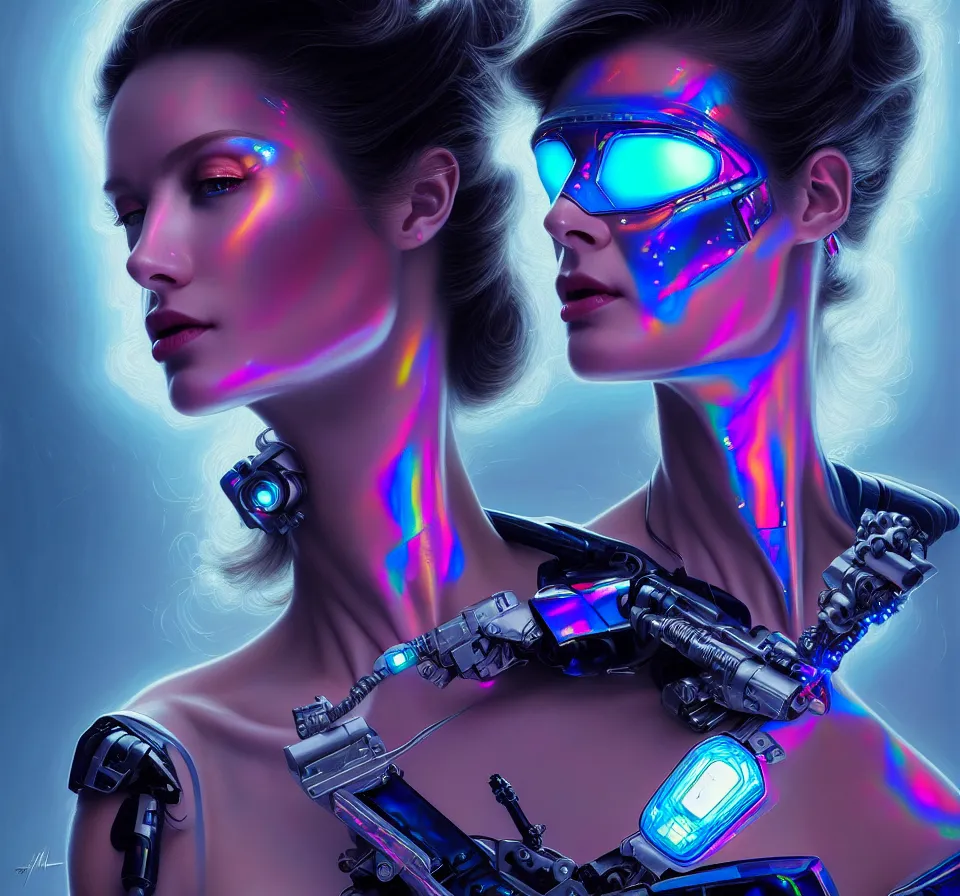 Image similar to beauty woman wrapped in holograms, Terminator artifacts, electrical case display, Transformers Movie style tech, ultrarealistic, dramatic lighting, electrical details, high details, 4k, 8k, best, accurate, trending on artstation, artstation, photorealism, ultrarealistic, digital painting, style of Peter Mohrbacher, Caravaggio, Hajime Sorayama, Caravaggio, Boris Vallejo