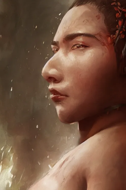 Image similar to portrait of a beautiful chonky young female warrior in the middle of a fight as drawn by eric anthony johnson ericanthonyj artstation artgerm greg rutkowski and magali villeneuve 8 k subsurface scattering, soft light