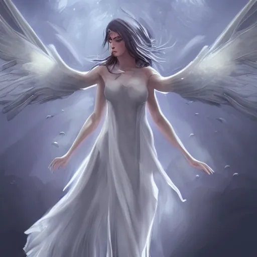 Image similar to a concept art drawing of a beautiful female angle in a white dress on a dark steamy background, spreading her wings, symmetry features, soft painting, volumetric light, fog, fantasy background, artstation, detailed, award winning