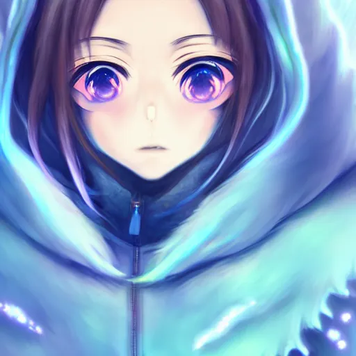 Prompt: advanced anime character art render, beautiful anime girl wearing a whale skin hoodie outfit ,blue watery eyes, close up , Rossdraws, WLOP , Sakimimichan