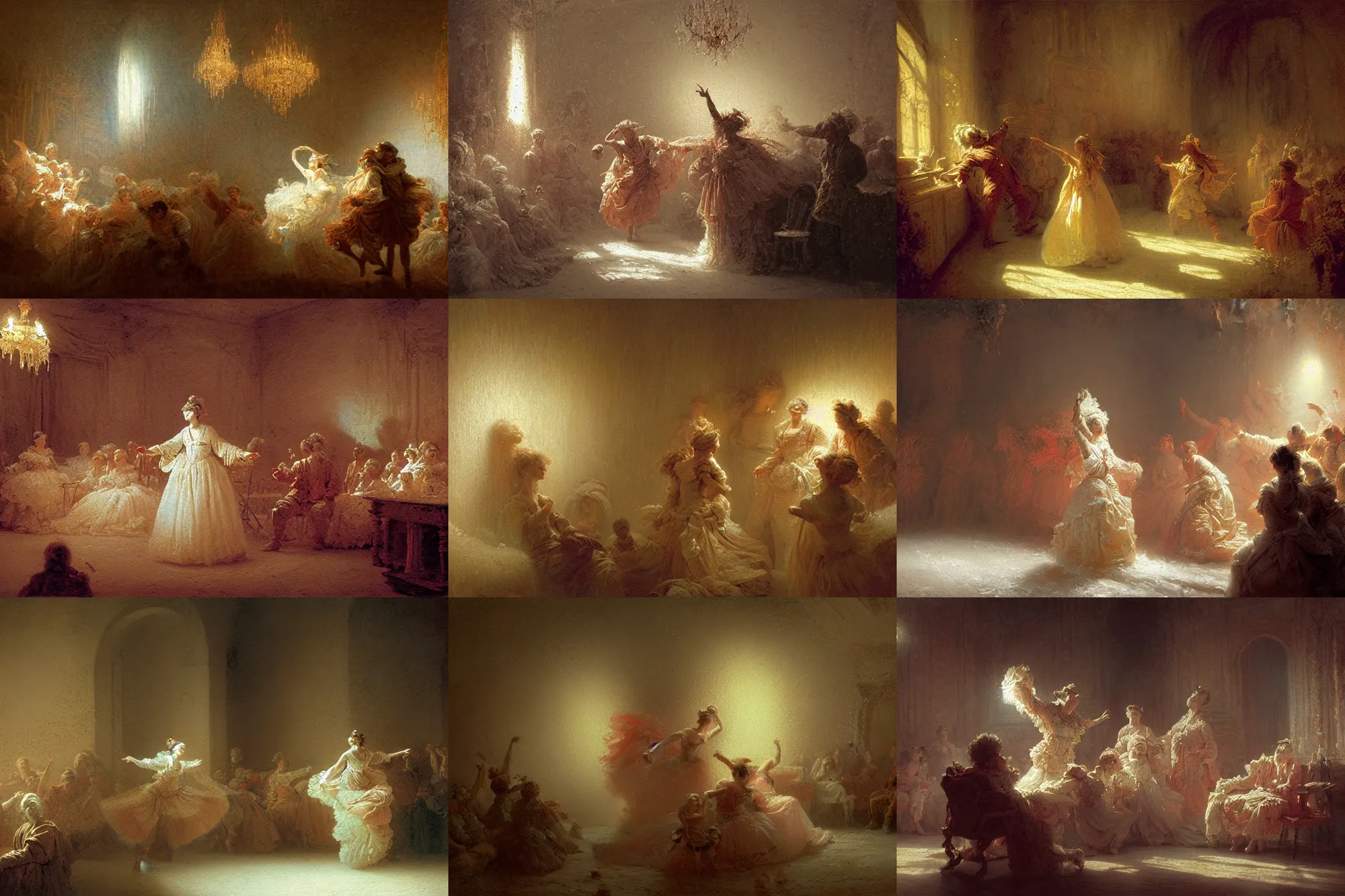 Prompt: polovstian dances and chorus, winter, stoic, light dust, magnificent, hyperdetailed, theatrical, close up, masterpiece, painted by jean honore fragonard and greg rutkowski