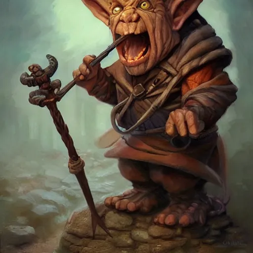 Prompt: a goblin sorcerer with a wooden staff, Justin Gerard, realistic painting, Digital art, very detailed, High definition, trending on Artstation