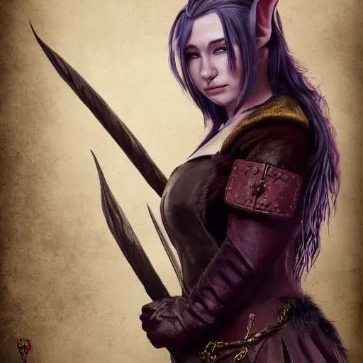 Image similar to anya charlota as a medieval fantasy tolkien elf, dark purplish hair tucked behind ears, wearing leather with a fur lined collar, wide, muscular build, scar across the nose, one black, scaled arm, cinematic, character art, digital art, realistic. 8 k, detailed.