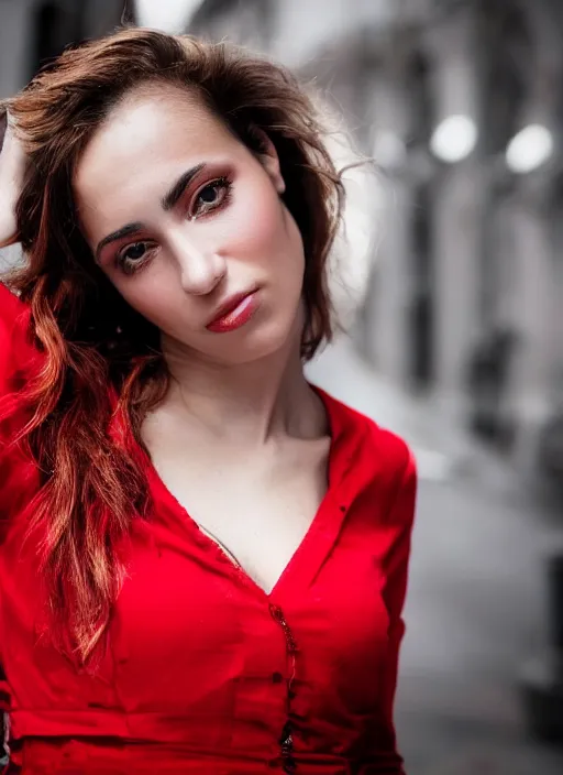 Prompt: close up portrait of beautiful Italian woman, wearing a red outfit, well-groomed model, candid street portrait award winning