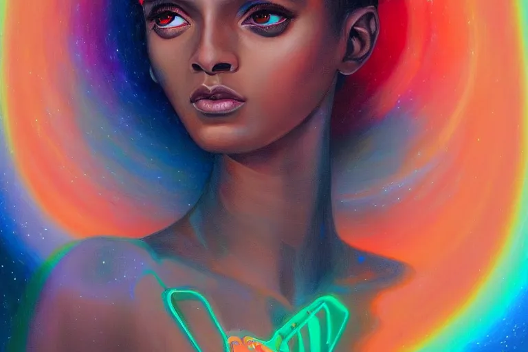 Image similar to patron saint of 🛸🌈👩🏾, futuristic clothing, neon god of city character portrait, in the style of margaret keane, moebius, tom bagshaw, and waterhouse, cinematic lighting, beautiful, elegant, oil painting,