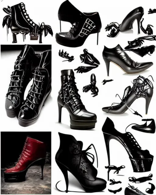 Prompt: One pair of shoes stylish shoe design, killer boots, scorpions, spiders, high soles, battle shoes, metal, heavy metal rave shoes